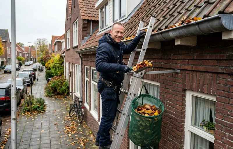 Smiling gutter cleaner on a ladder scooping autumn leaves out of the zinc gutter of a Dutch terraced house