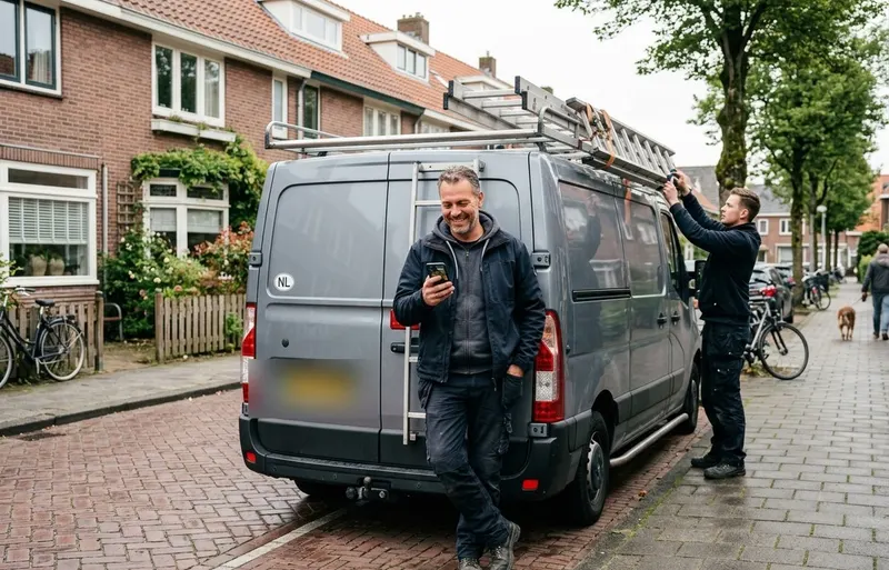 Two professionals by their van in a Dutch street; one of them smiles while reading a new job request on his phone