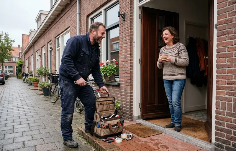 Plumber laughing while packing his tool bag at the front door as the resident joins in with a cup of coffee
